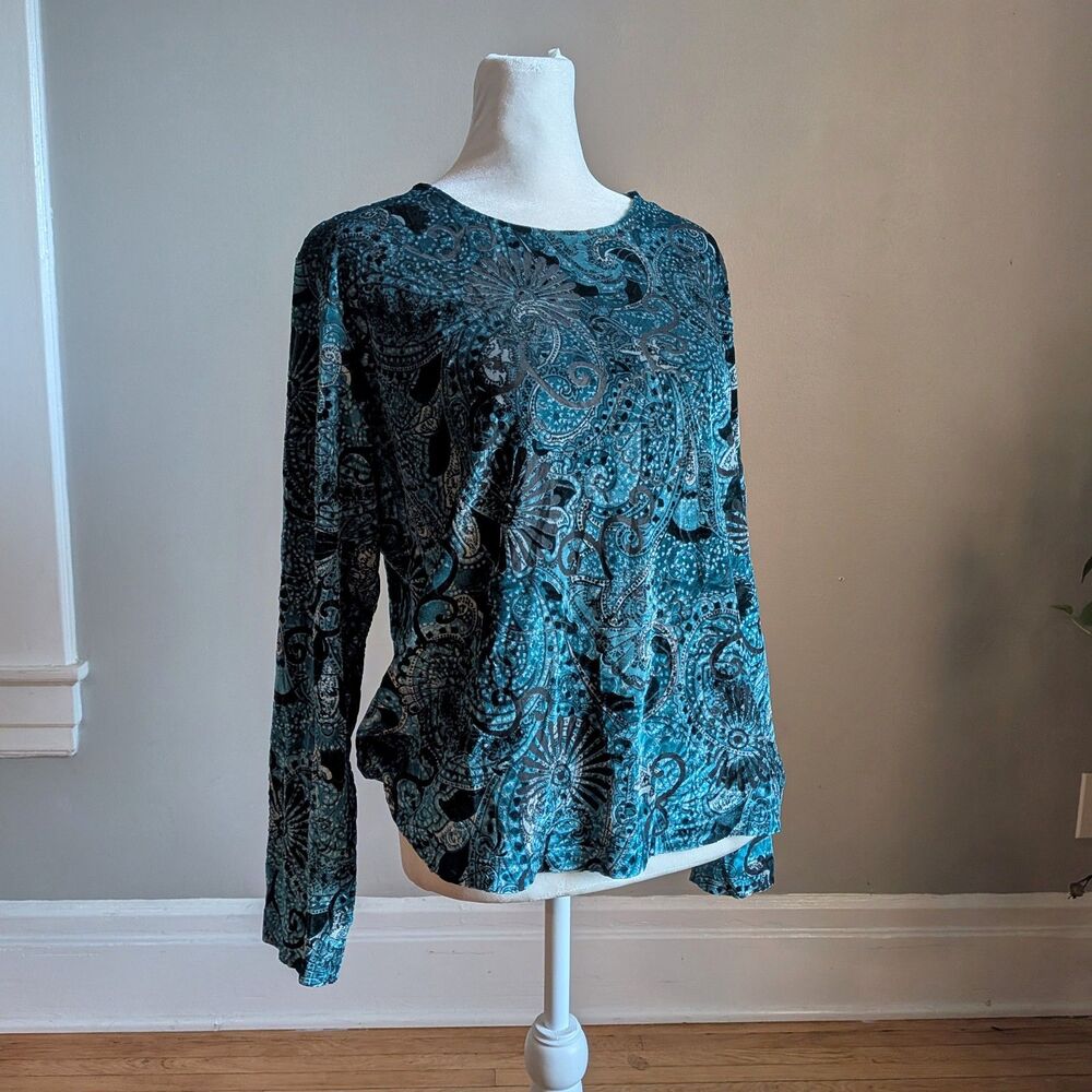 Vintage 90s Y2K Laura Ashley Blue Green Velvet Top Floral  Whimsygoth Size L